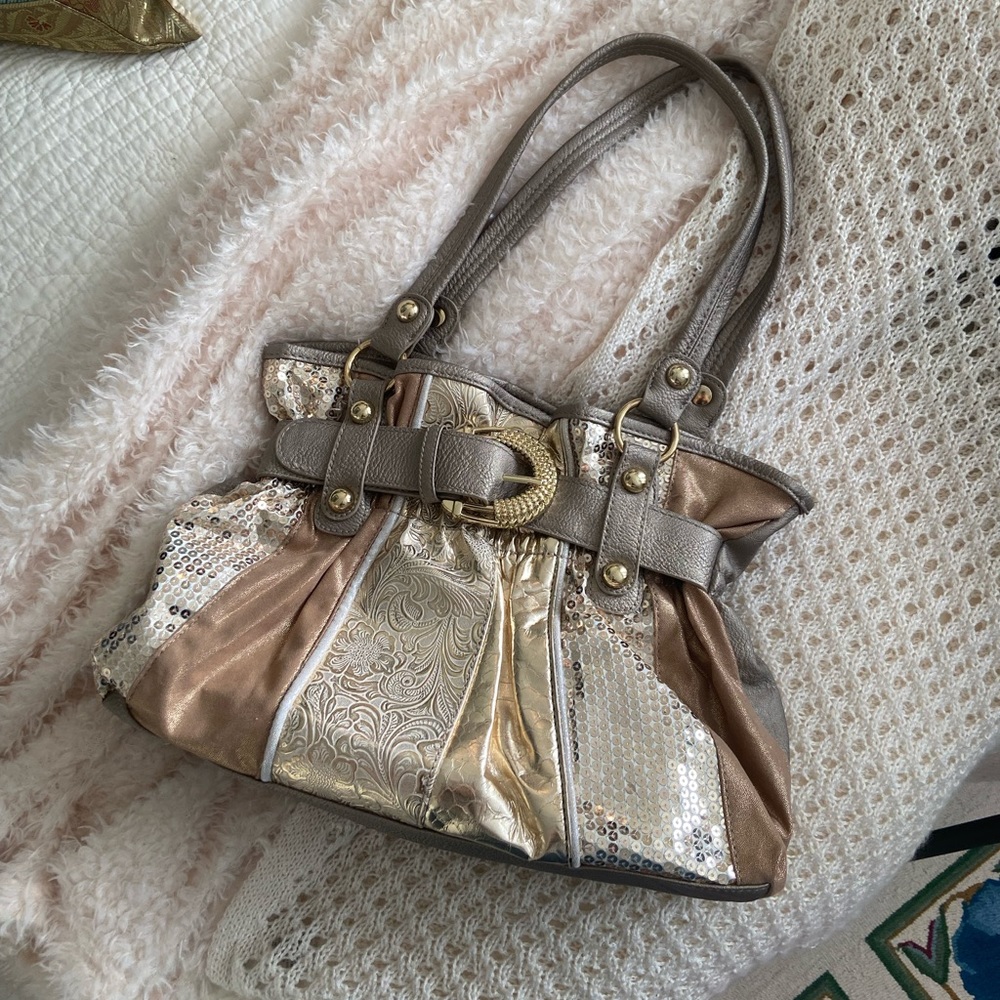 Vintage Y2K Gold Sparkly Sequin Faux Leather Shoulder Bag